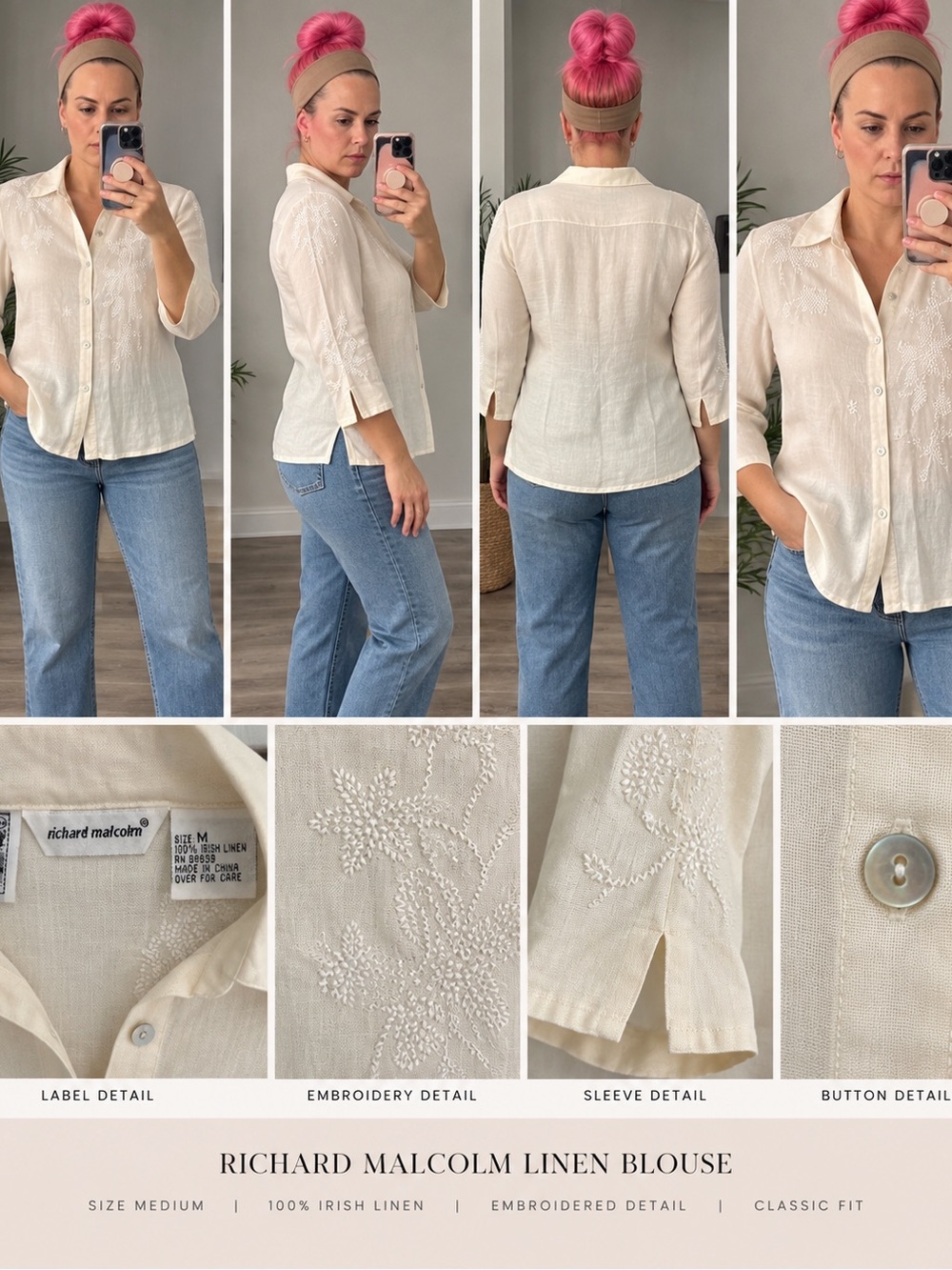 Richard Malcolm Cream Embroidered Linen Button-Down Shirt